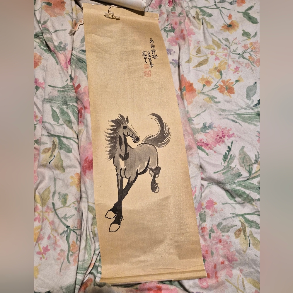 Vintage Chinese Ink Wash Galloping Horse Hanging Scroll New Old Stock NOS 13 in